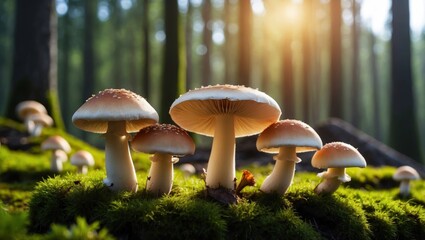 Fototapeta premium Mushrooms growing on mossy forest floor with sunlight