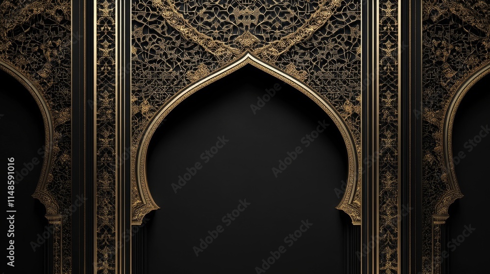 Poster Ornate architectural design featuring intricate patterns and arches on a dark background.