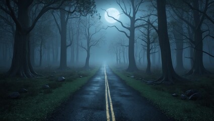 Obraz premium Mystical dark forest with fog and footpath