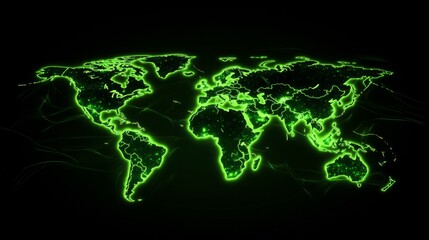 Green Illuminated World Map on Black Background | Global Network, Technology, and Environmental Concepts