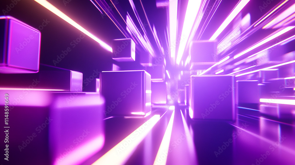 Poster colorful abstract cubes withlowing lines in a digital space.