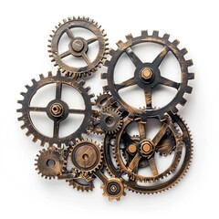 A collection of interlocking gears showcasing mechanical design and engineering. isolated on white background