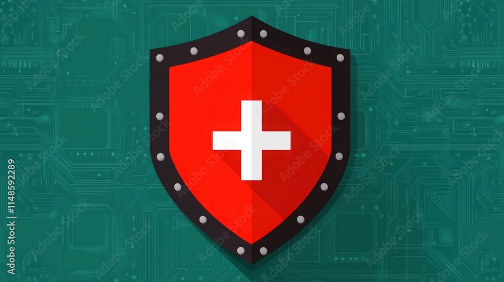 Poster bright red shield icon with white cross on a circuit board background for security, protection, and 