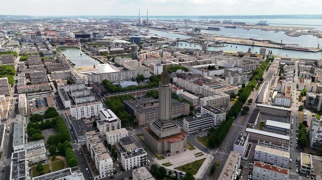 Drone shot of Le Havre city in Normandy, France