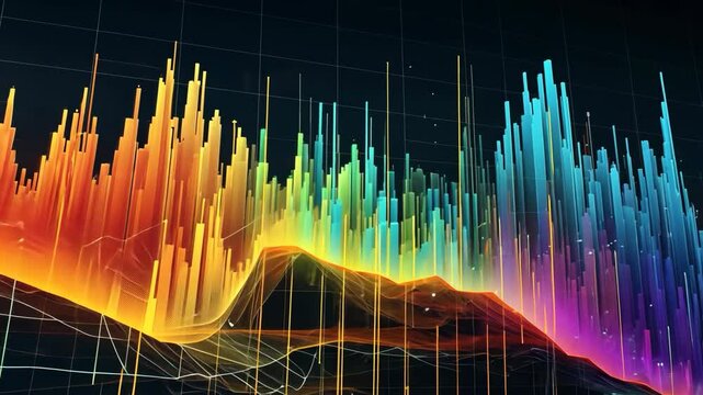 Video footage of vibrant, multicolored bar graph with peaks and valleys, representing data fluctuations over time, set against a dark grid background
