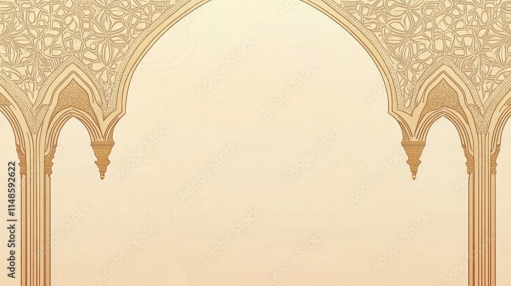 Poster ornate architectural design featuring arches and intricate patterns in a warm color palette.