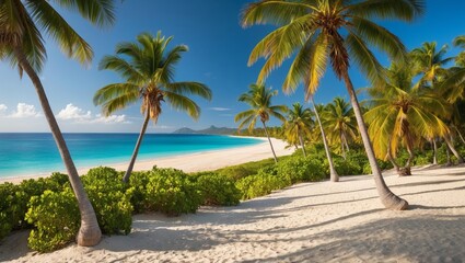 Fototapeta premium Panoramic view of tropical beach with palm trees