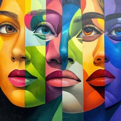 A striking abstract portrait of women in vibrant cubist style, merging bold geometric patterns with expressive female faces. AI generated.