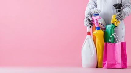 Person in protective suit holding cleaning supplies and shopping bags against pink background.