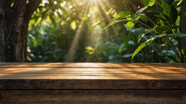 Wooden table top with natural green blurred background or various leaves, fresh bright sunlight, product empty concept.