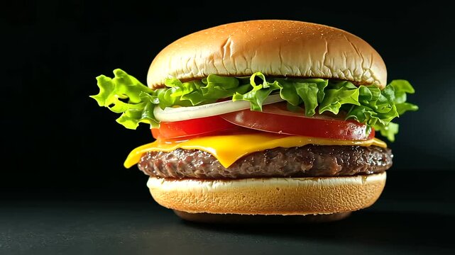 A floating cheeseburger with sharp onion, tomato slices, and lettuce separated dramatically against a black backdrop