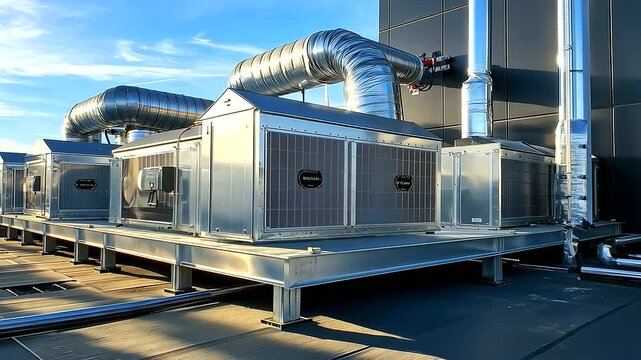 A large rooftop air conditioning system in a commercial setting, showing detailed metal surfaces, pipes, and cooling vents, with sunlight reflecting off the equipment