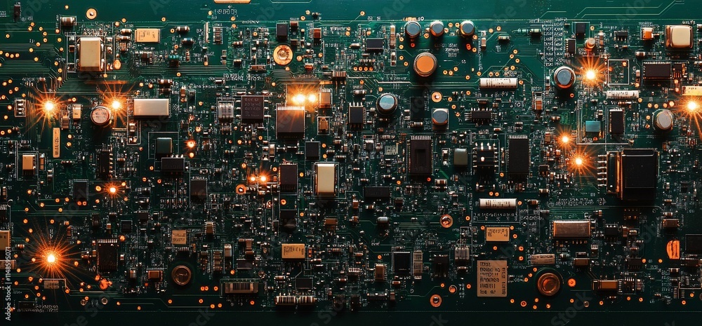 Poster a close-up view of a complex electronic circuit board with glowing components.