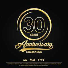 30th years anniversary celebration emblem. elegance golden anniversary logo isolated with ring and ribbon on black background. vector illustration template