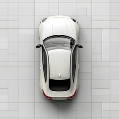 A sleek white car captured from a top view, positioned on a minimalist grid-patterned background, emphasizing modern design and symmetry.