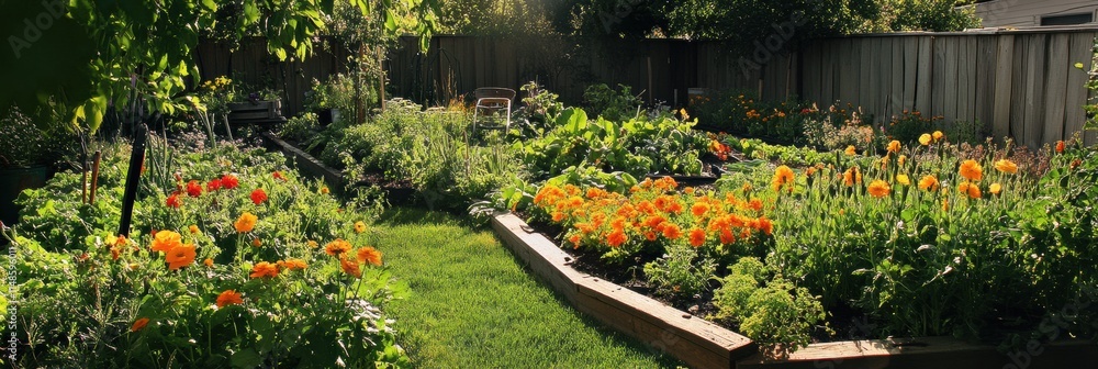 Poster vibrant garden with colorful flowers and garden tools surrounded by rows of lush vegetables on a sun