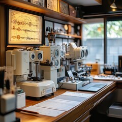 Fototapeta premium Wide shot of an optician’s workspace with digital tools and eyeglasses on display