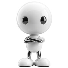 A white robot with a black face stands with its arms crossed