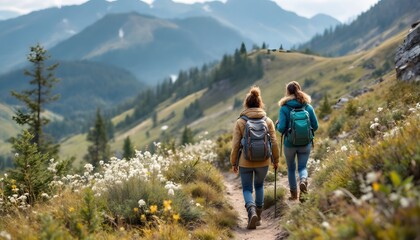 Friends Hiking Through Scenic Nature Trail