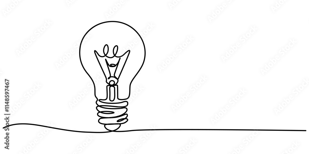 Aufkleber drawing of an electric light bulb with continuous line, continuous one line drawing light bulb conce