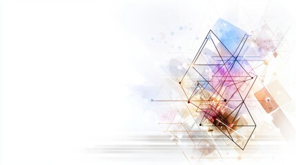 White background with a colorful design of triangles and squares