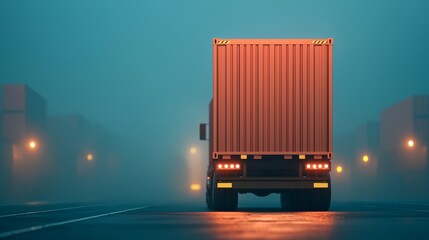 A cargo truck stands alone in foggy conditions, illuminated by streetlights, creating a mysterious and atmospheric scene.