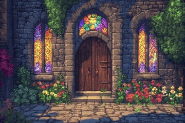 Fototapeta premium Stone Chapel Entrance with Stained Glass and Flowers