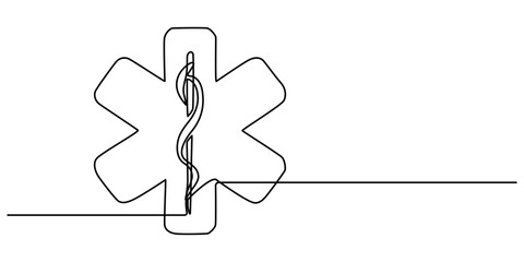 Star of Life medical sign in continuous line art drawing style. Emergency medical services symbol black outline isolated on white background. Vector illustration, Medical symbol blue Star of Life pro. © line drawing