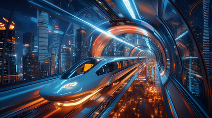 Fototapeta premium Futuristic High-Speed Train in Motion with Vibrant Cityscape Background