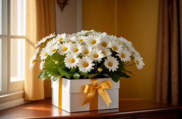 Bouquet of delicate white daisies in a gift box with a bow