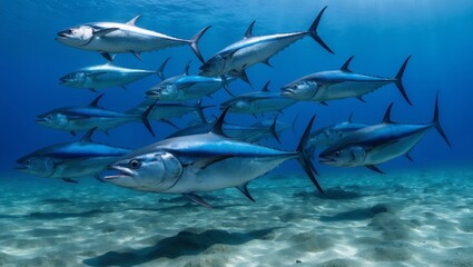 Fototapeta premium School of bluefin tuna swimming underwater ocean scene