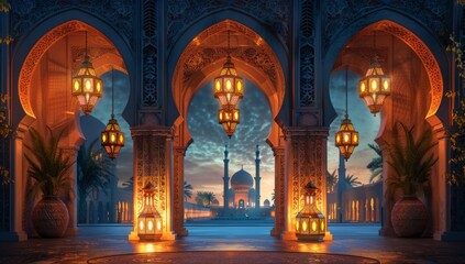Islamic ramadan greetings background design with ornamental door galaxy sky