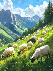 Fototapeta premium A serene landscape featuring sheep grazing peacefully on lush green hills with majestic mountains in the background.