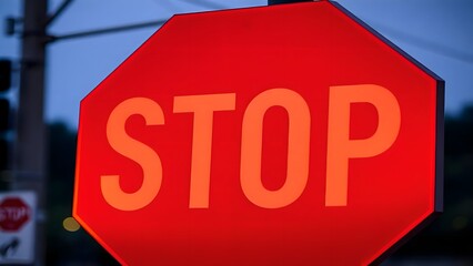 Red Stop Sign Against Blurred Twilight Background with Streetlights