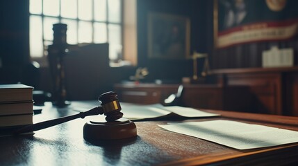 Obraz premium A courtroom scene featuring a gavel, papers, and legal books on a desk.