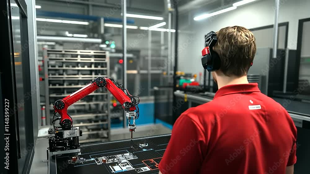 Poster an engineer observing a robotic arm assembling components, with safety barriers and tool racks visib
