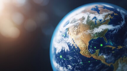 Fototapeta premium Stunning Global View of Earth Featuring the Americas with Atmospheric Effects and Geometric Connections, Highlighting the Planet's Natural Beauty and Technology