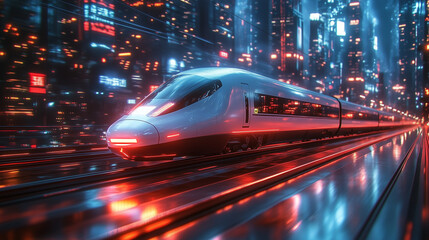 Fototapeta premium Futuristic High-Speed Train in Motion with Vibrant Cityscape Background