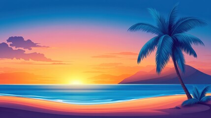 Fototapeta premium Vibrant Sunset Over Calm Ocean with Silhouette of Palm Tree and Mountains in Background
