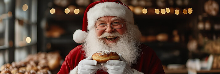 Santa Claus eating in bakery.