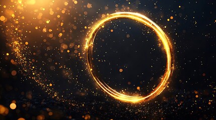 Glowing golden circle ring on dark background with sparkling particles.