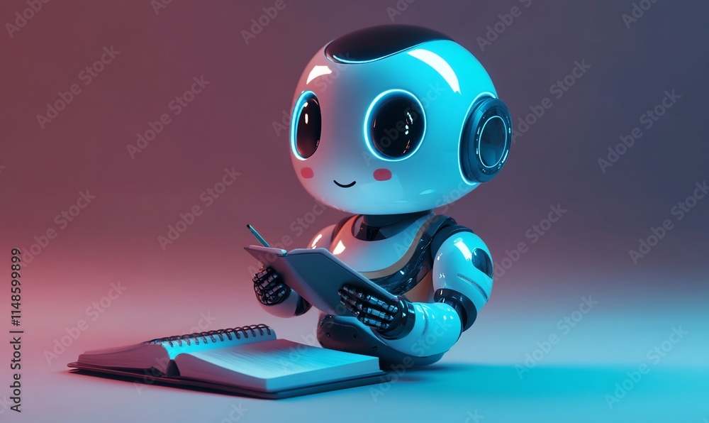 Poster a cute robot studying with a notebook and book, showcasing learning and curiosity.