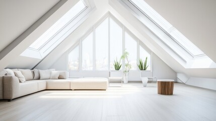Fototapeta premium Modern minimalist attic space with clean, stylish design. Featuring neutral tones and sleek furnishings