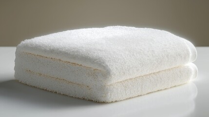 Fluffy white towel neatly folded on pristine white background. Perfect for hotel spa promotions. Luxury product with clean, inviting aesthetic. Ideal for wellness, relaxation themes. High-quality