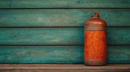 Naklejka premium Rusted gas canister on wooden surface vintage style close-up