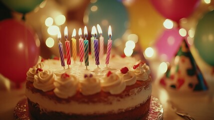A decorated birthday cake with candles, surrounded by festive balloons.