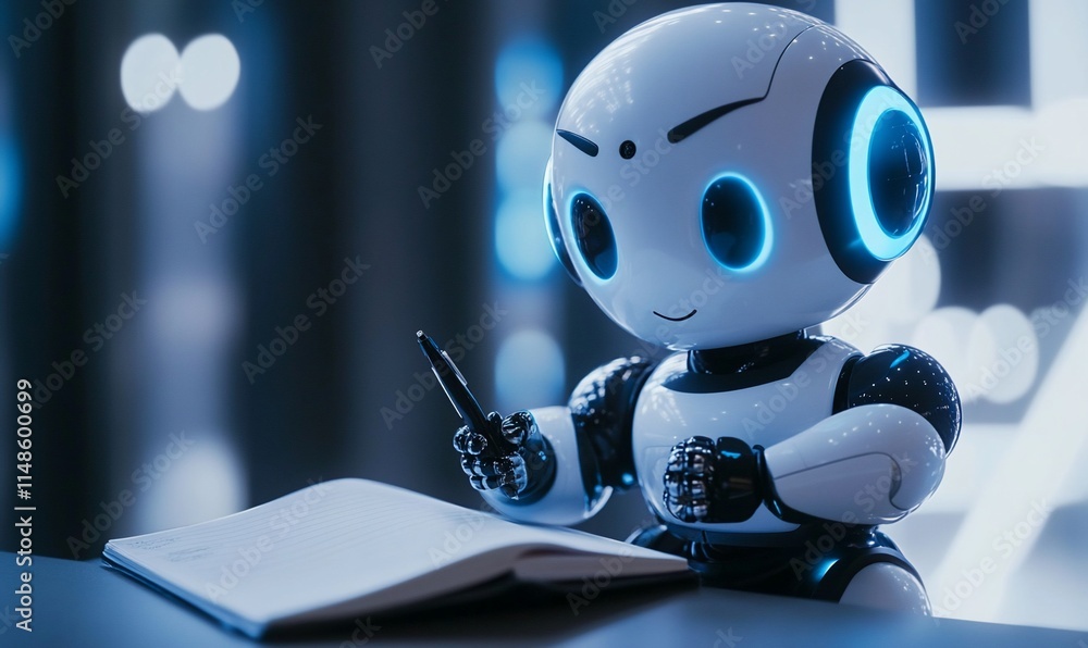 Poster a cute robot writing in a notebook, symbolizing learning and creativity.