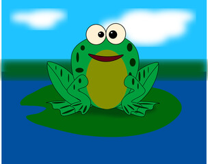 A funny frog sitting on a leaf of an aquatic plant. Picture in bright colors.