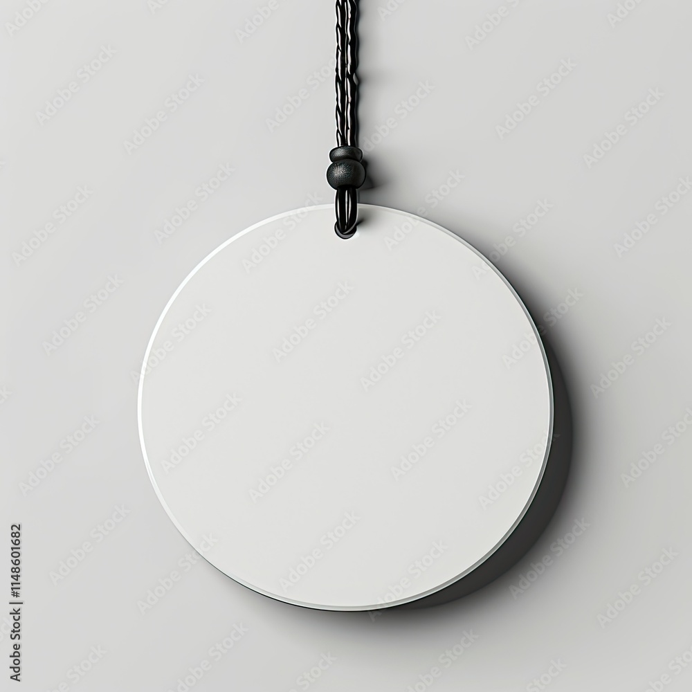 Poster a blank circular tag hanging from a black string, suitable for labeling or branding. isolated on whi