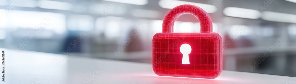 Poster a glowing holographic red padlock symbolizing digital security and online protection in a modern off